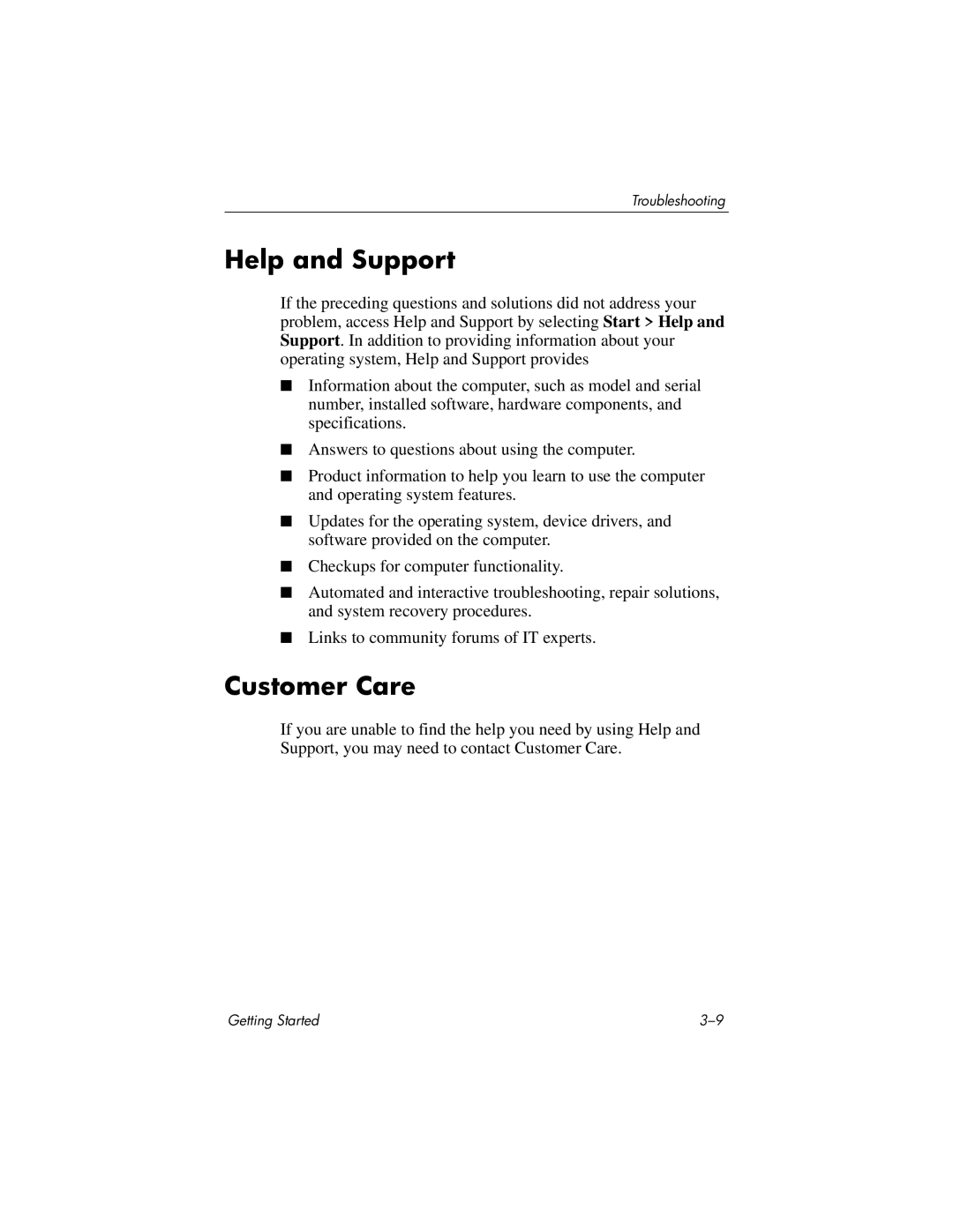 HP 430239-001 manual Help and Support, Customer Care 