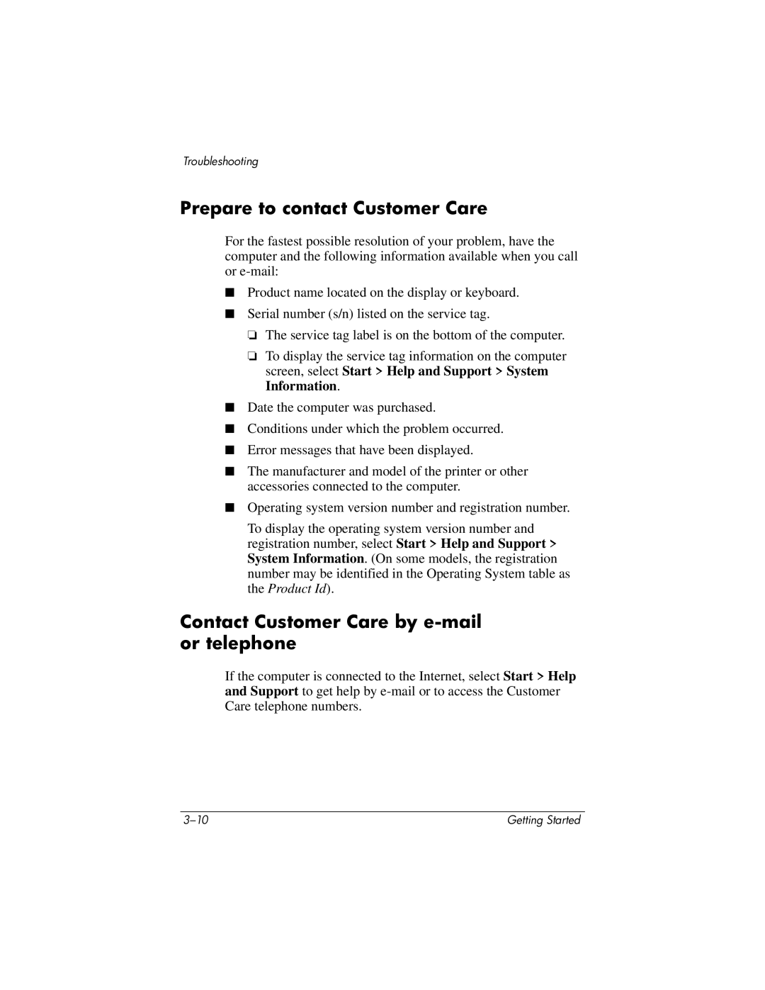 HP 430239-001 manual Prepare to contact Customer Care, Contact Customer Care by e-mail or telephone 