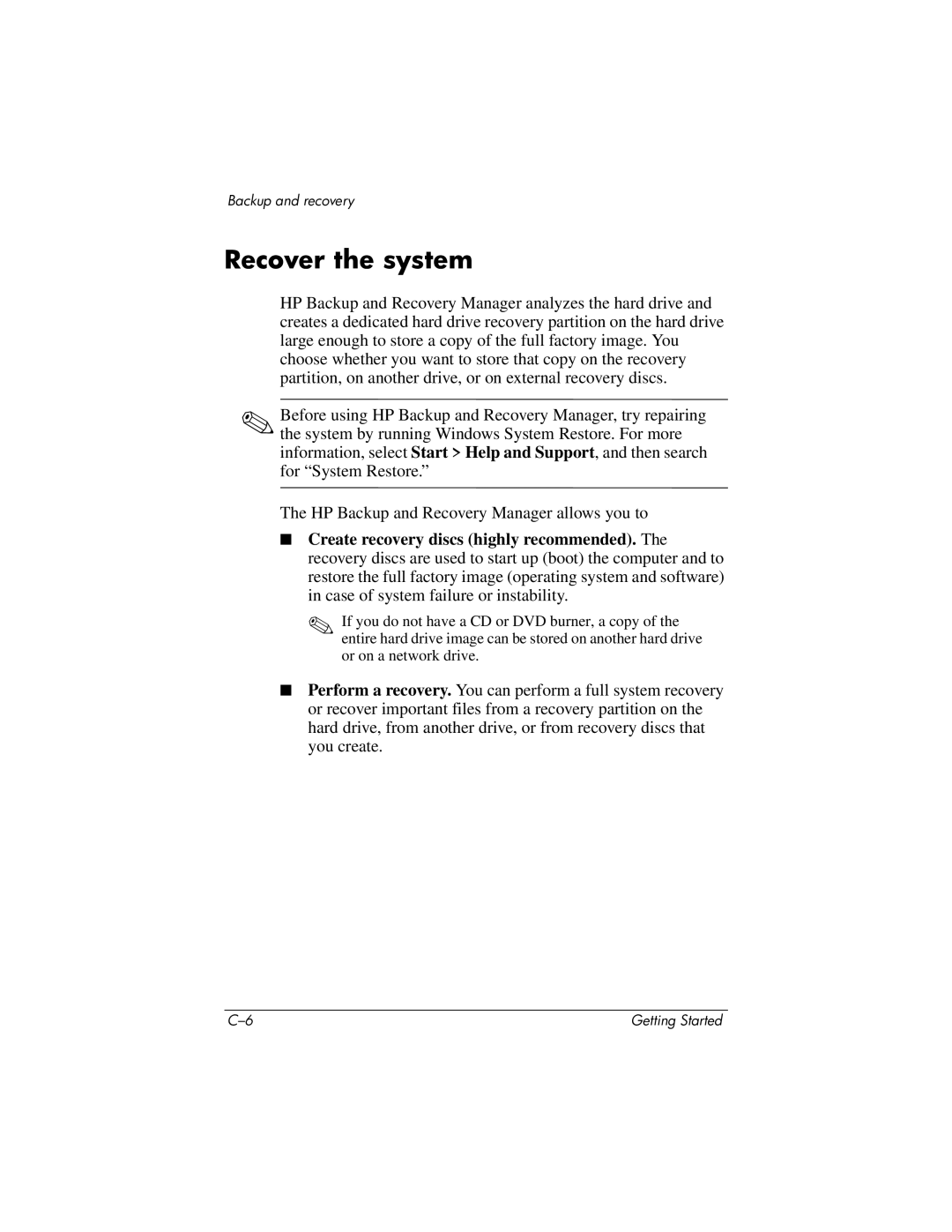 HP 430239-001 manual Recover the system 