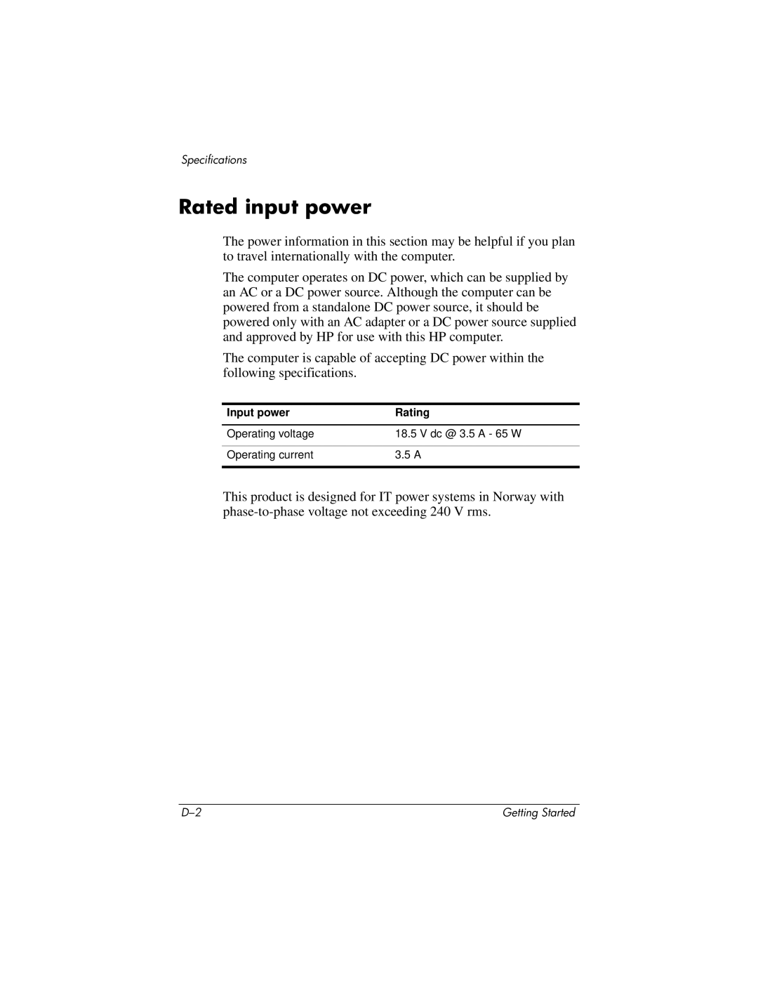 HP 430239-001 manual Rated input power 