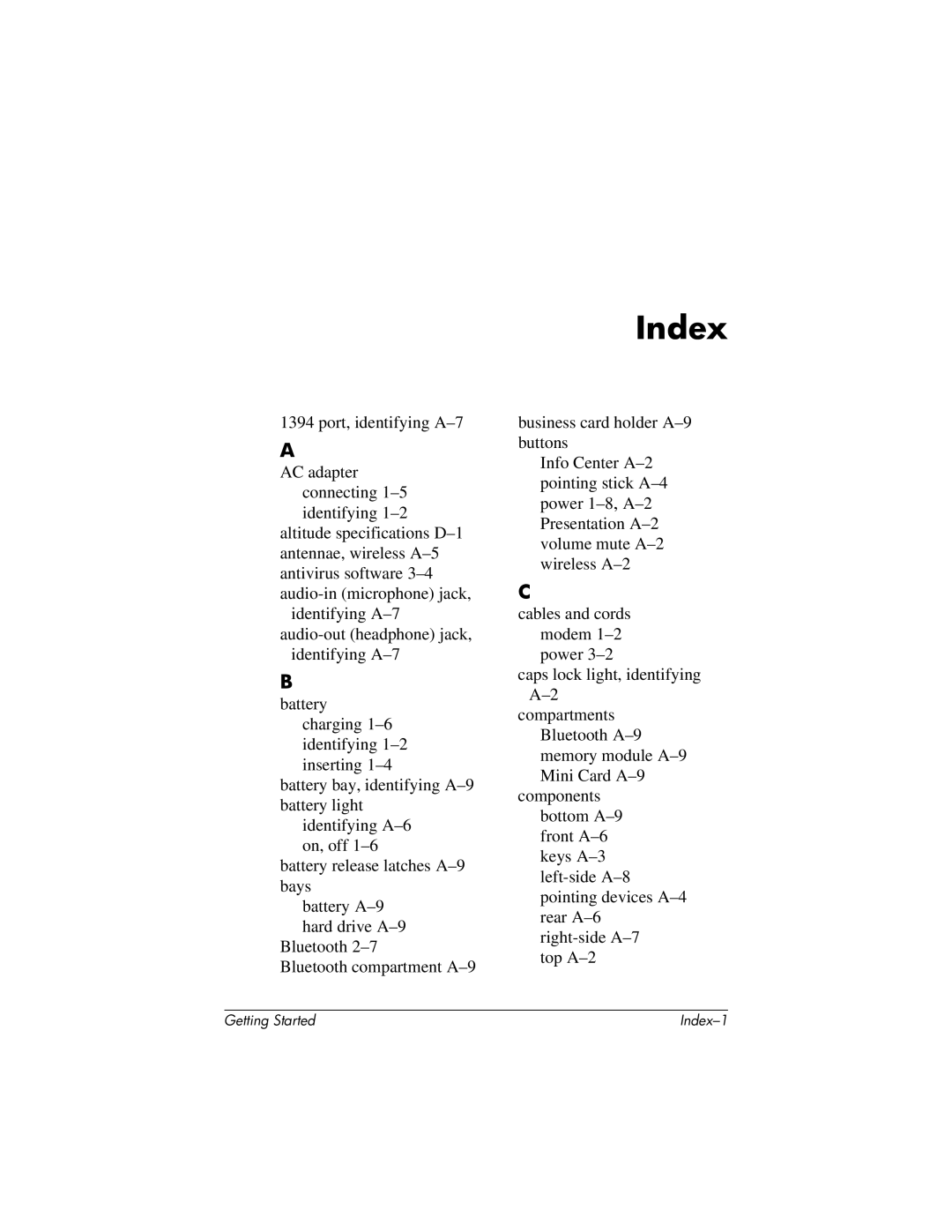 HP 430239-001 manual Index 