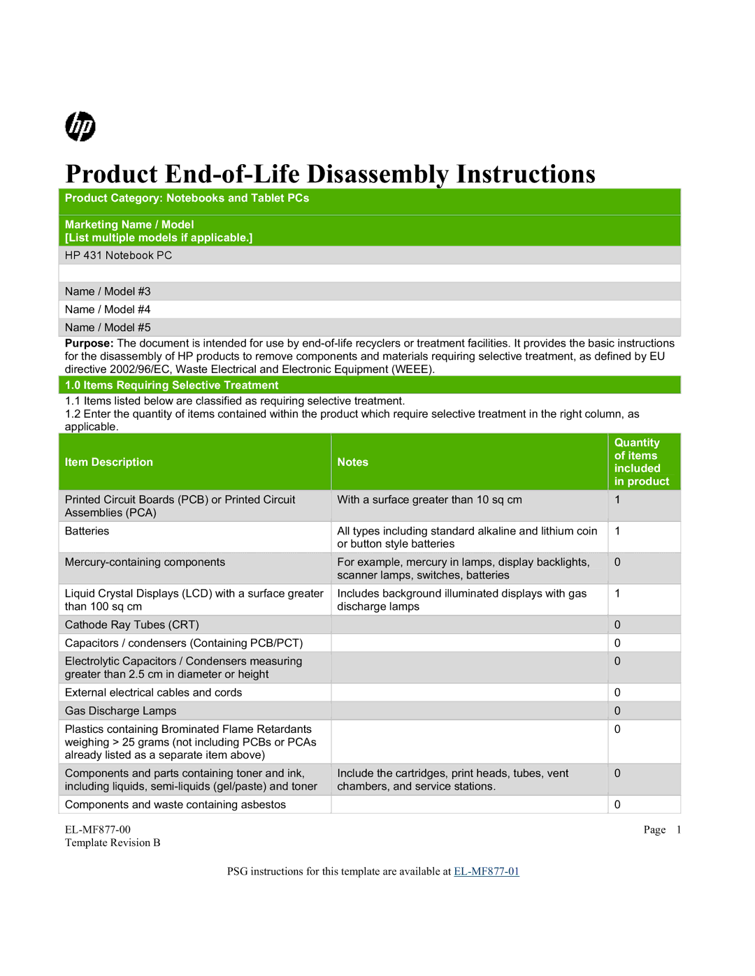 HP 431 manual Product End-of-Life Disassembly Instructions 