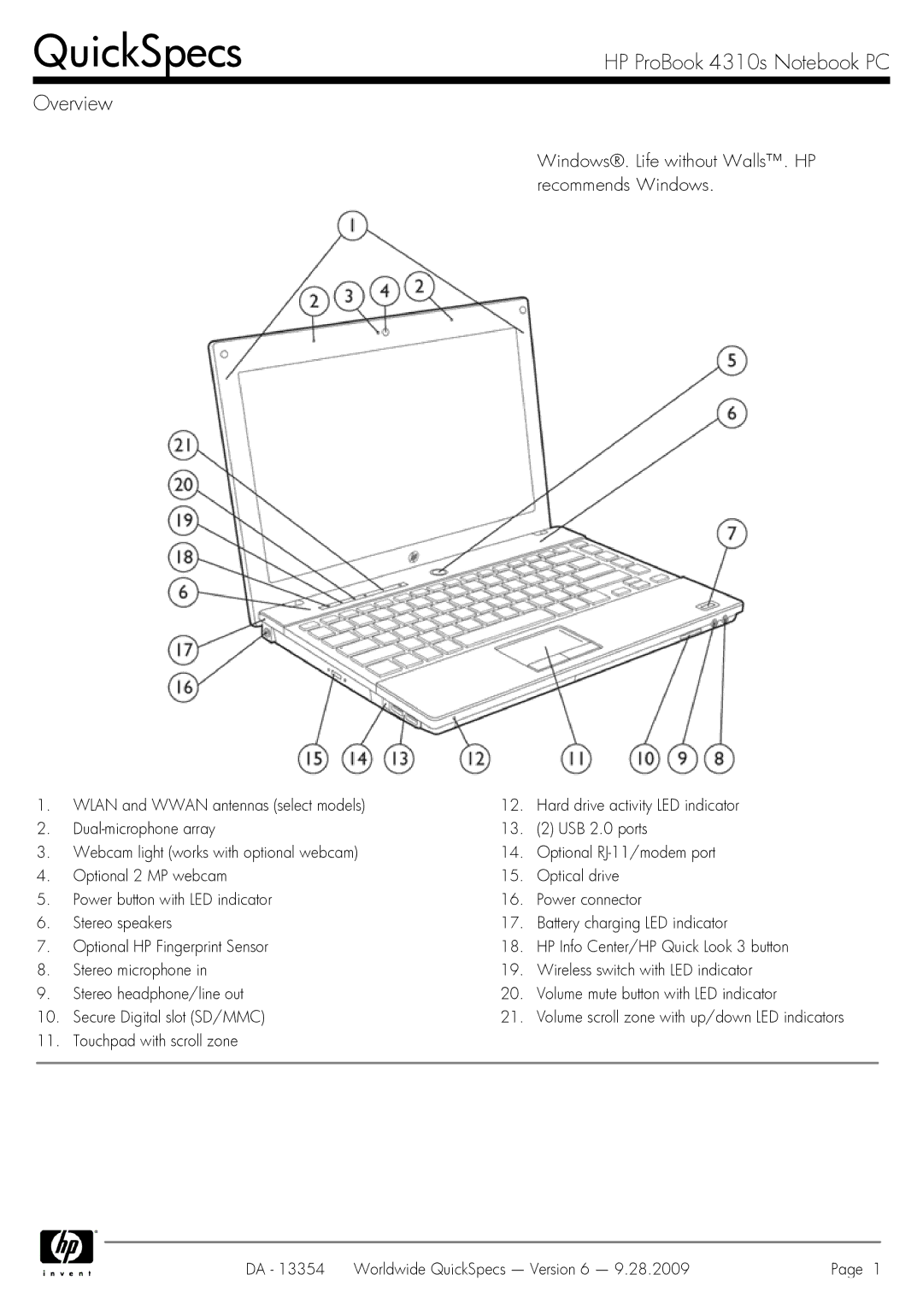 HP 4310S manual QuickSpecs, HP ProBook 4310s Notebook PC Overview 