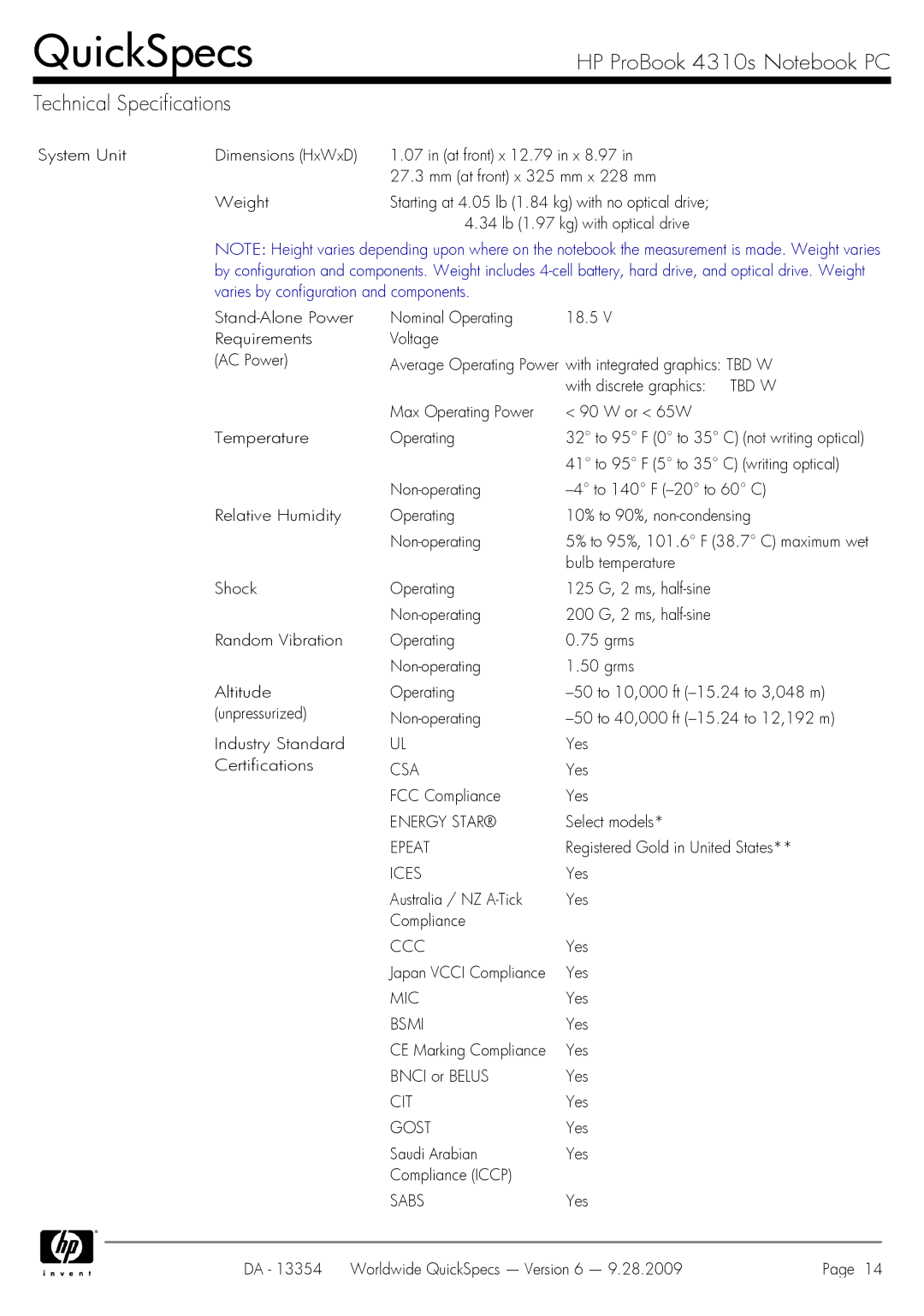 HP 4310S manual HP ProBook 4310s Notebook PC Technical Specifications 