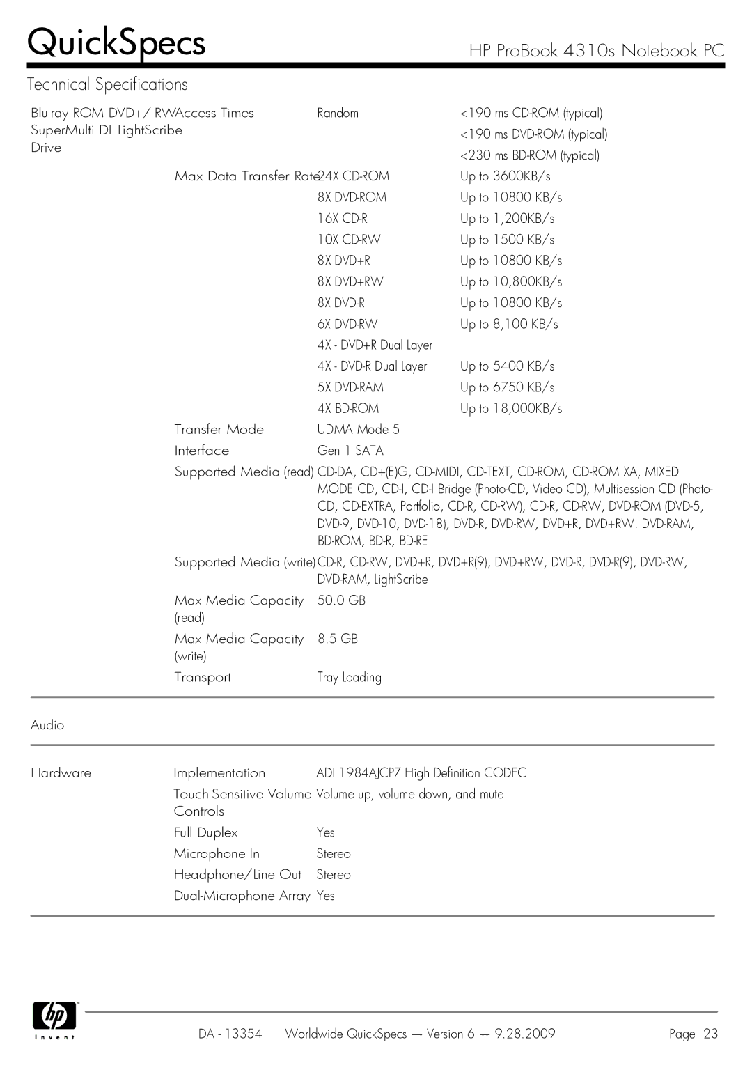 HP 4310S manual 8X DVD-ROM, 8X DVD+RW, 6X DVD-RW, 5X DVD-RAM, 4X BD-ROM, Bd-Rom, Bd-R, Bd-Re 