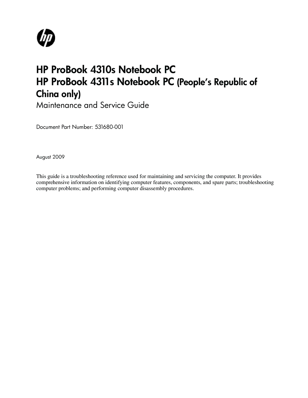 HP 4311S manual China only, Maintenance and Service Guide 