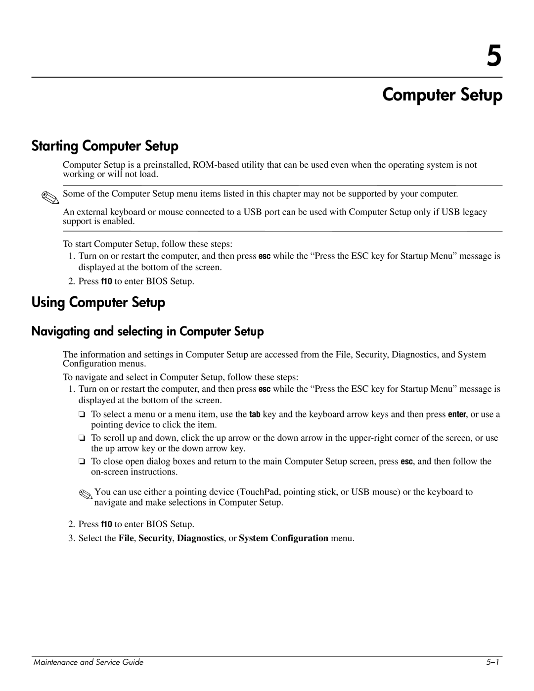 HP 4311S manual Starting Computer Setup, Using Computer Setup, Navigating and selecting in Computer Setup 