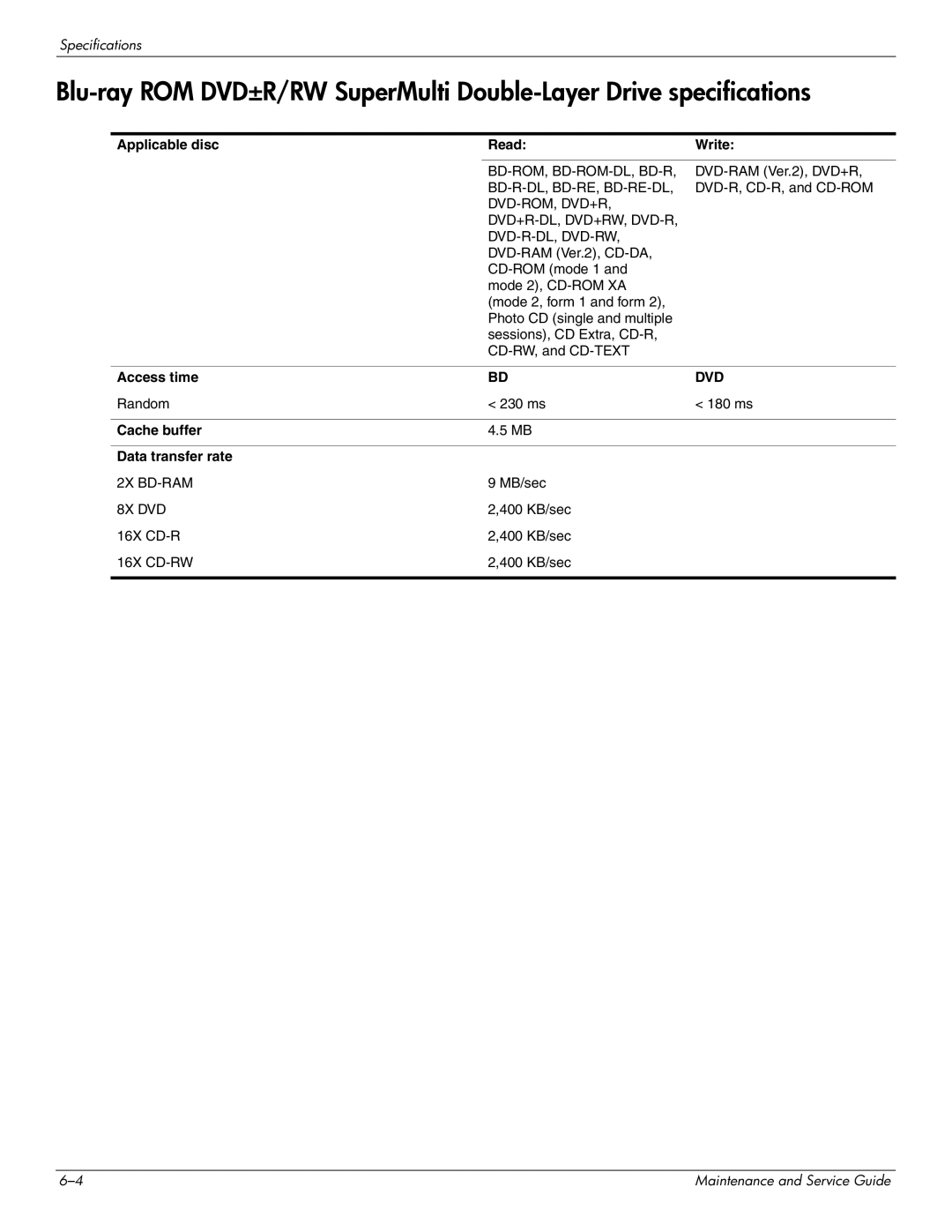 HP 4311S manual Applicable disc Read Write, Access time, Cache buffer Data transfer rate 