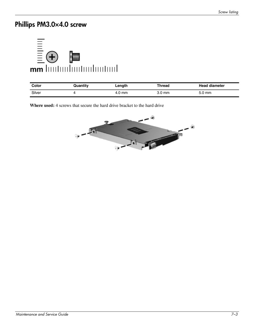 HP 4311S manual Phillips PM3.0×4.0 screw, Color Quantity Length Thread Head diameter Silver 