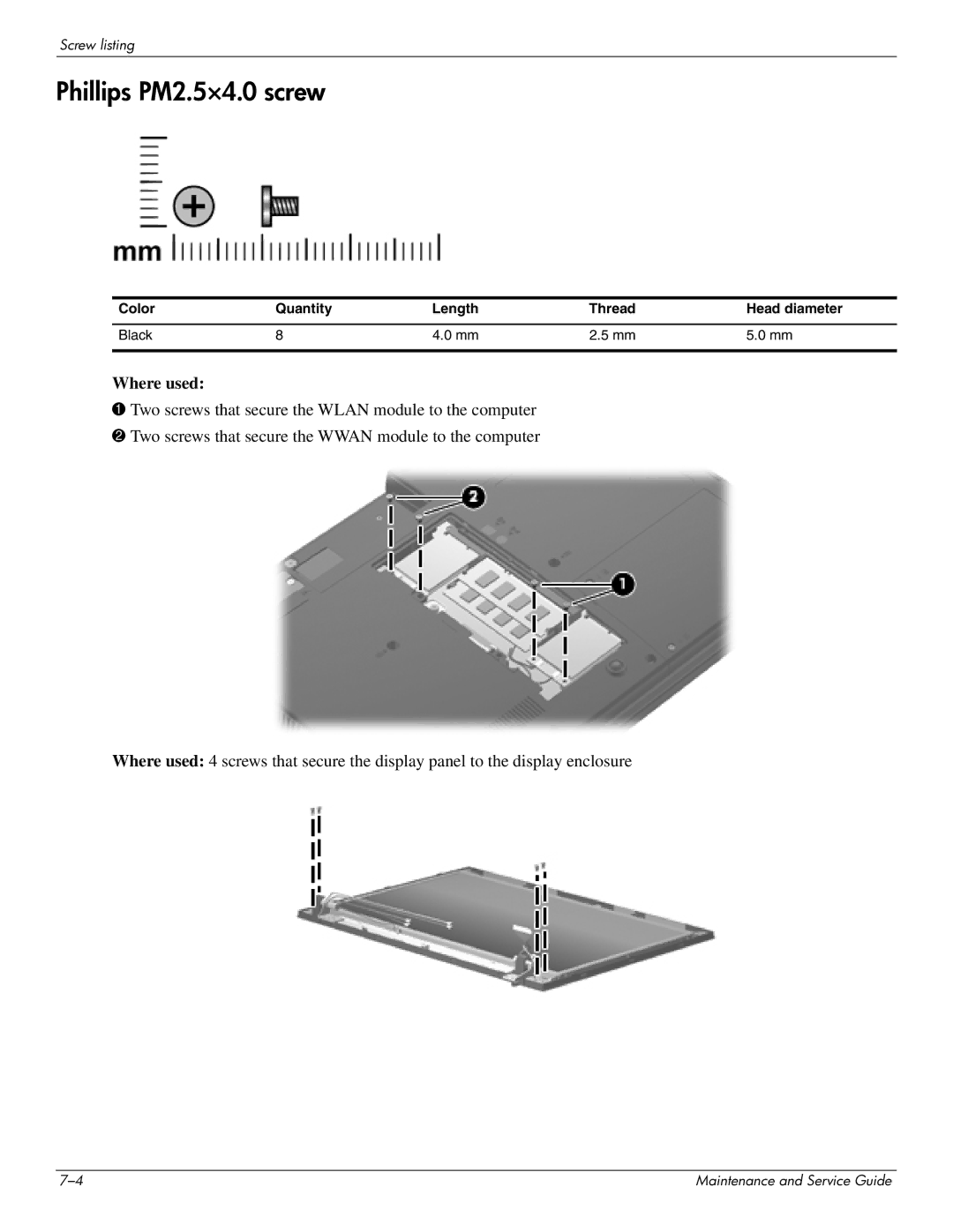 HP 4311S manual Phillips PM2.5×4.0 screw, Color Quantity Length Thread Head diameter Black 