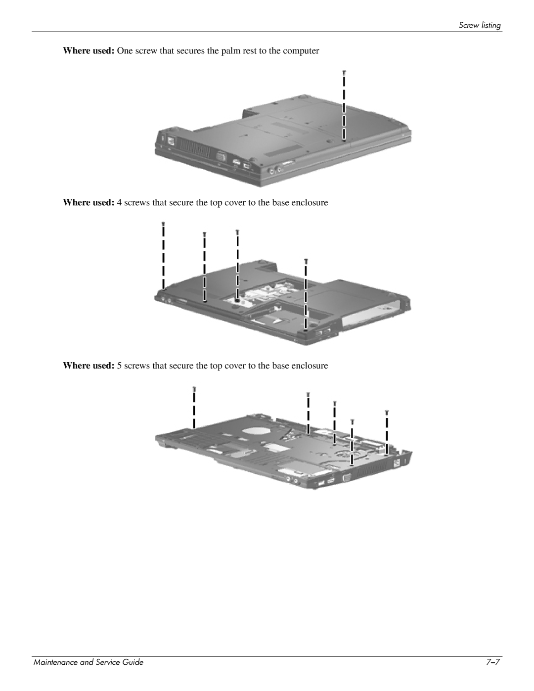 HP 4311S manual Screw listing 