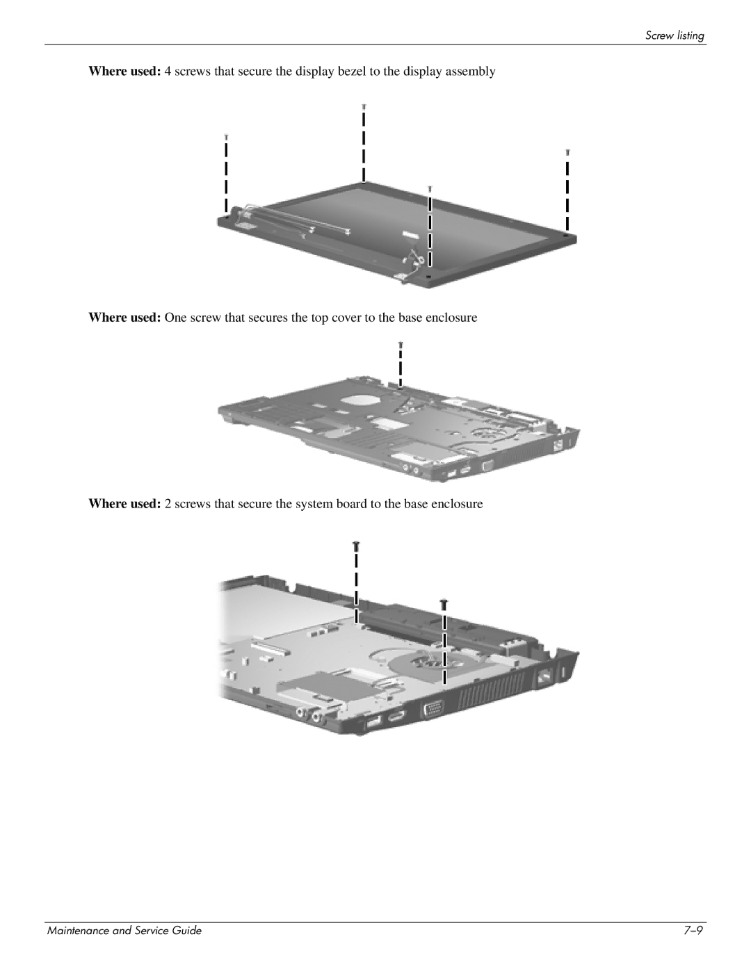 HP 4311S manual Screw listing 