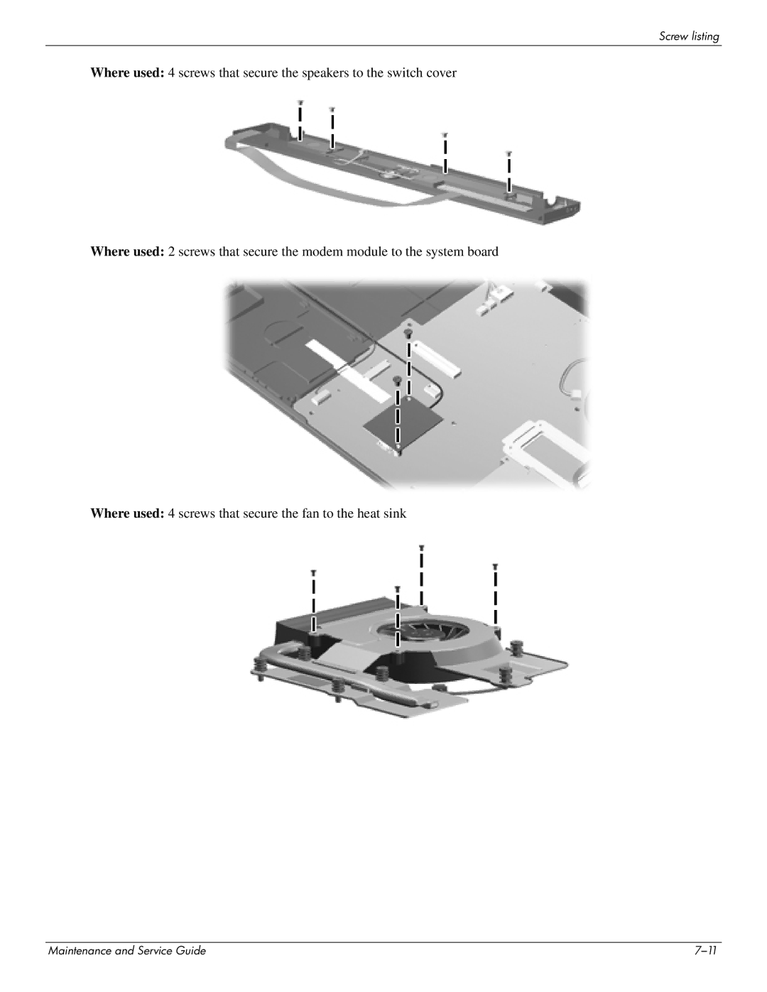 HP 4311S manual Screw listing 