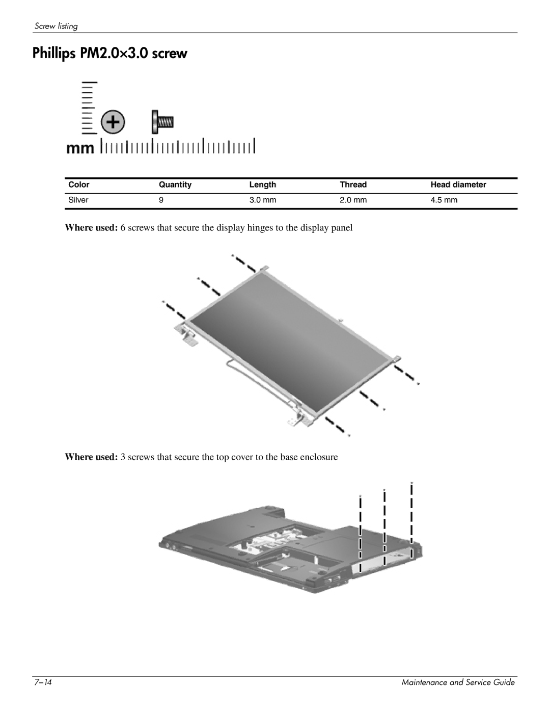 HP 4311S manual Phillips PM2.0×3.0 screw, Color Quantity Length Thread Head diameter Silver 