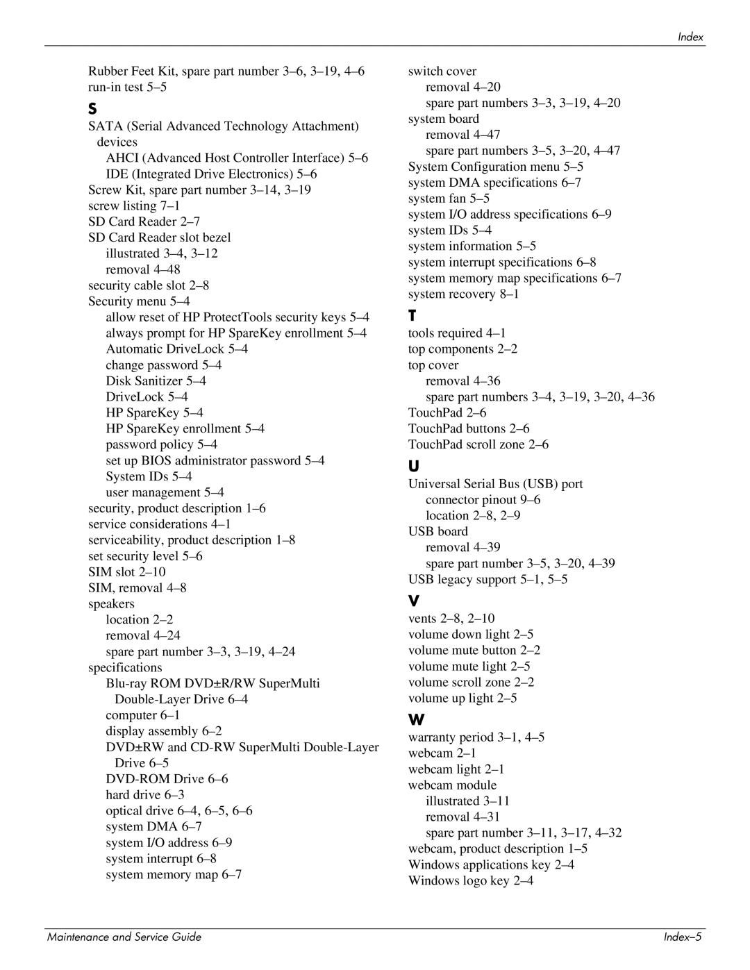 HP 4311S manual Maintenance and Service Guide Index-5 