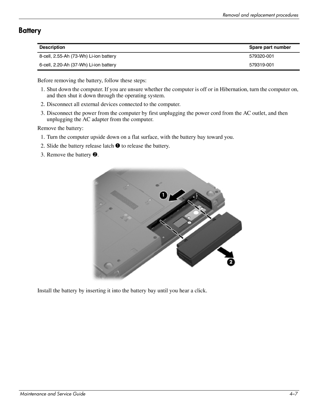 HP 4311S manual Battery, Description Spare part number 