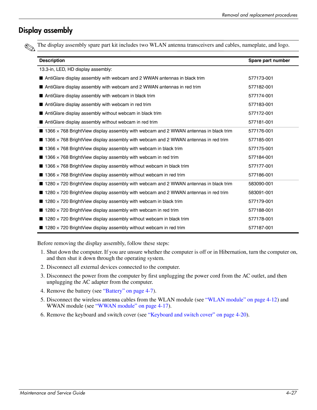 HP 4311S manual Display assembly, Description Spare part number 