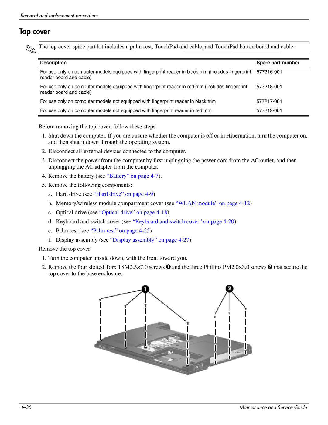 HP 4311S manual Top cover, Description Spare part number 