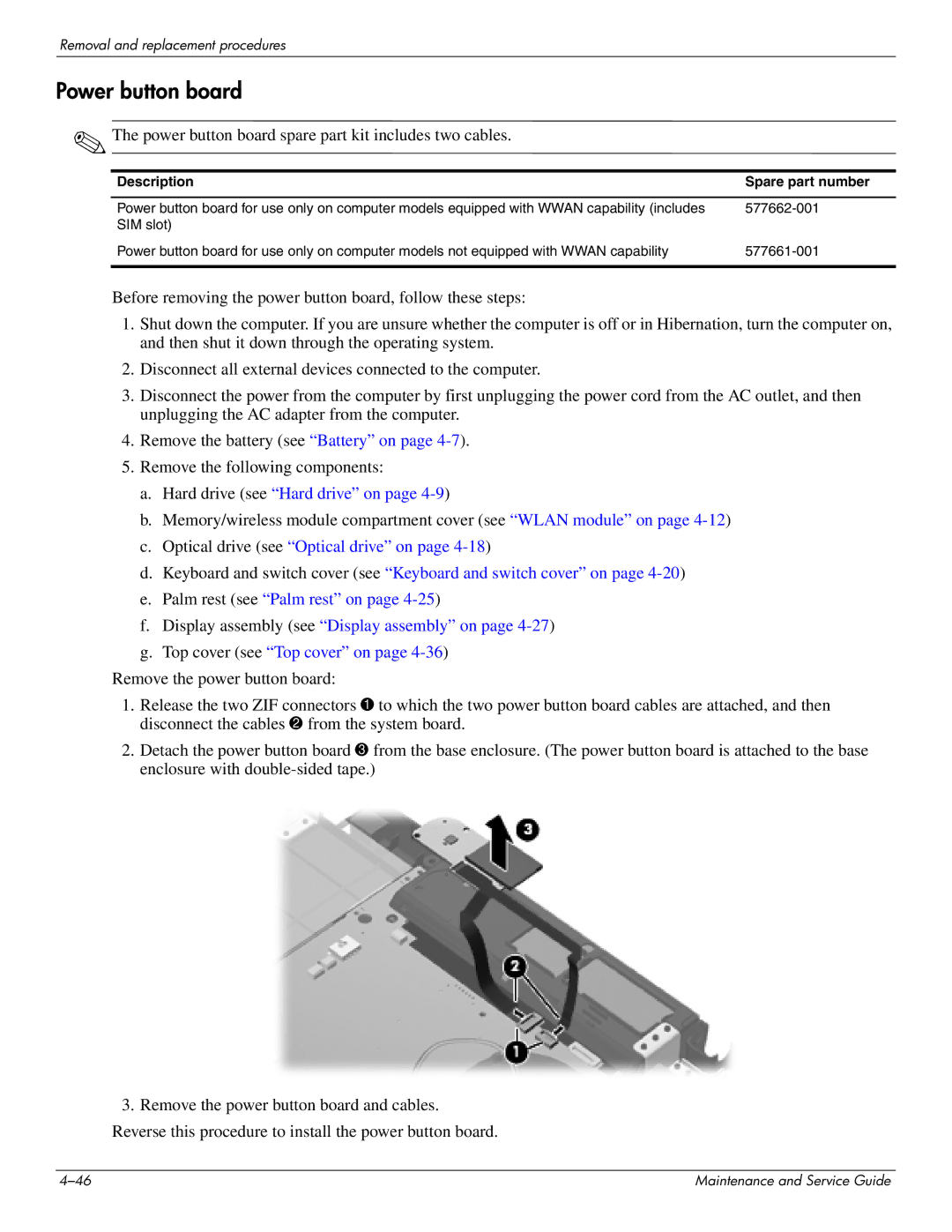 HP 4311S manual Power button board spare part kit includes two cables 