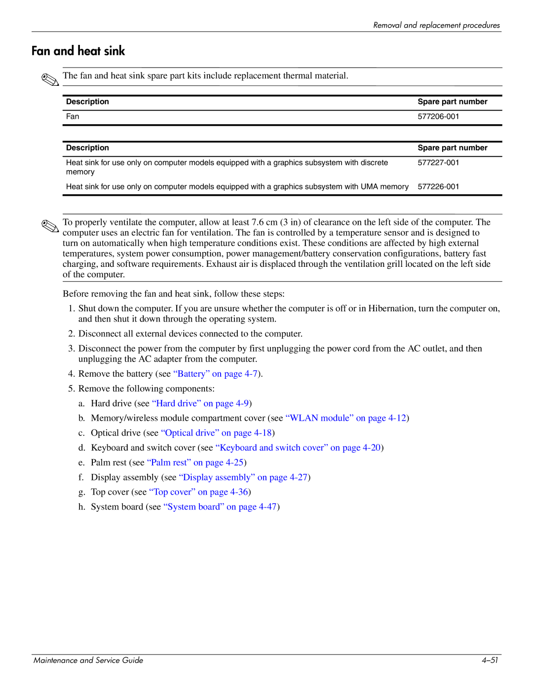 HP 4311S manual Fan and heat sink, Description Spare part number 