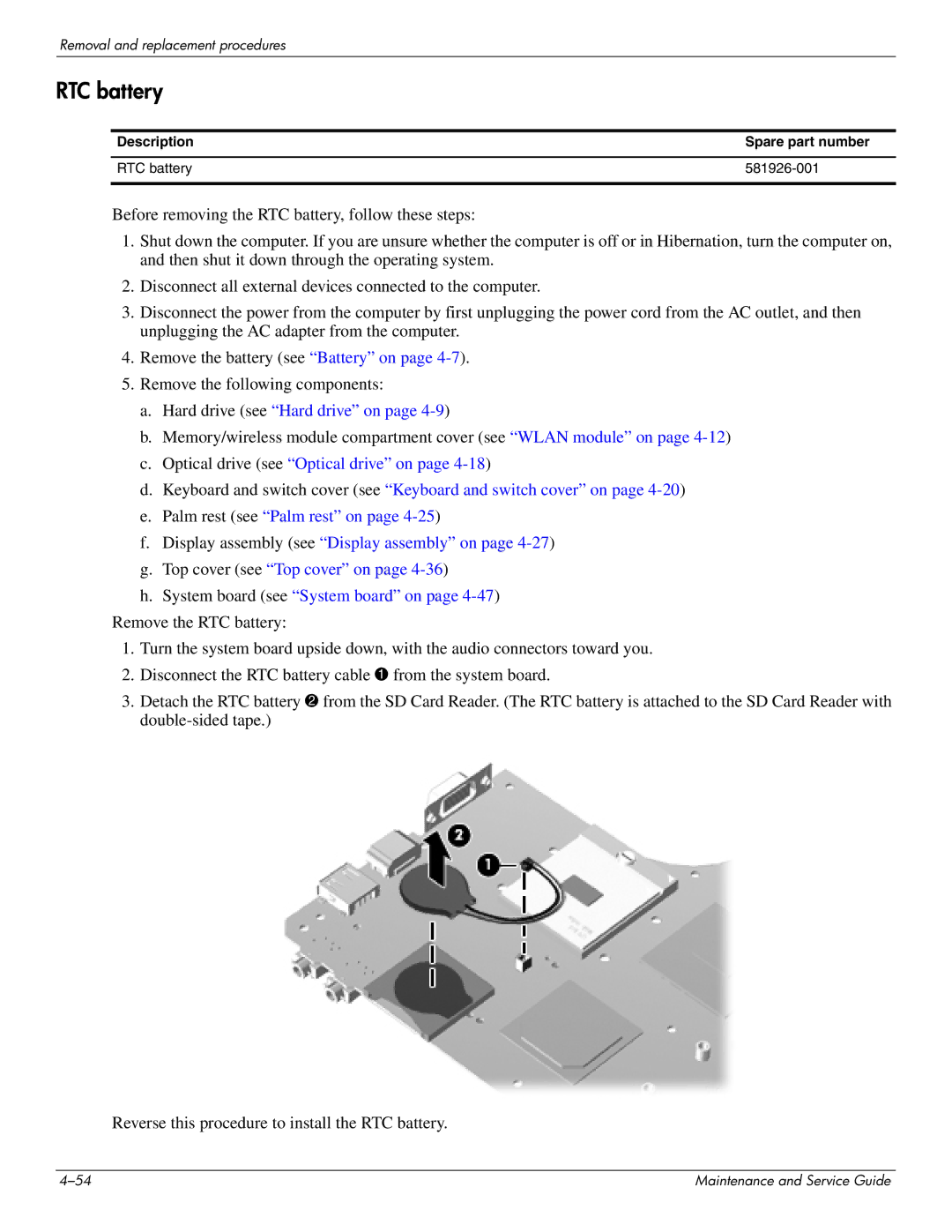 HP 4311S manual Description Spare part number RTC battery 581926-001 