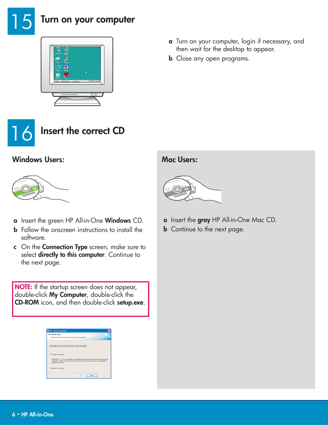 HP 4311, 4314, 4315xi, 4355, 4315v manual Turn on your computer Insert the correct CD, Windows Users, Mac Users 