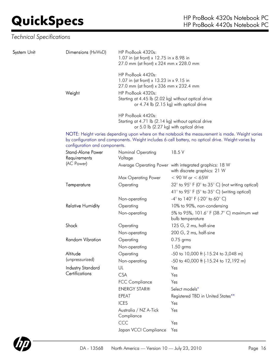 HP 4320s manual Technical Specifications 