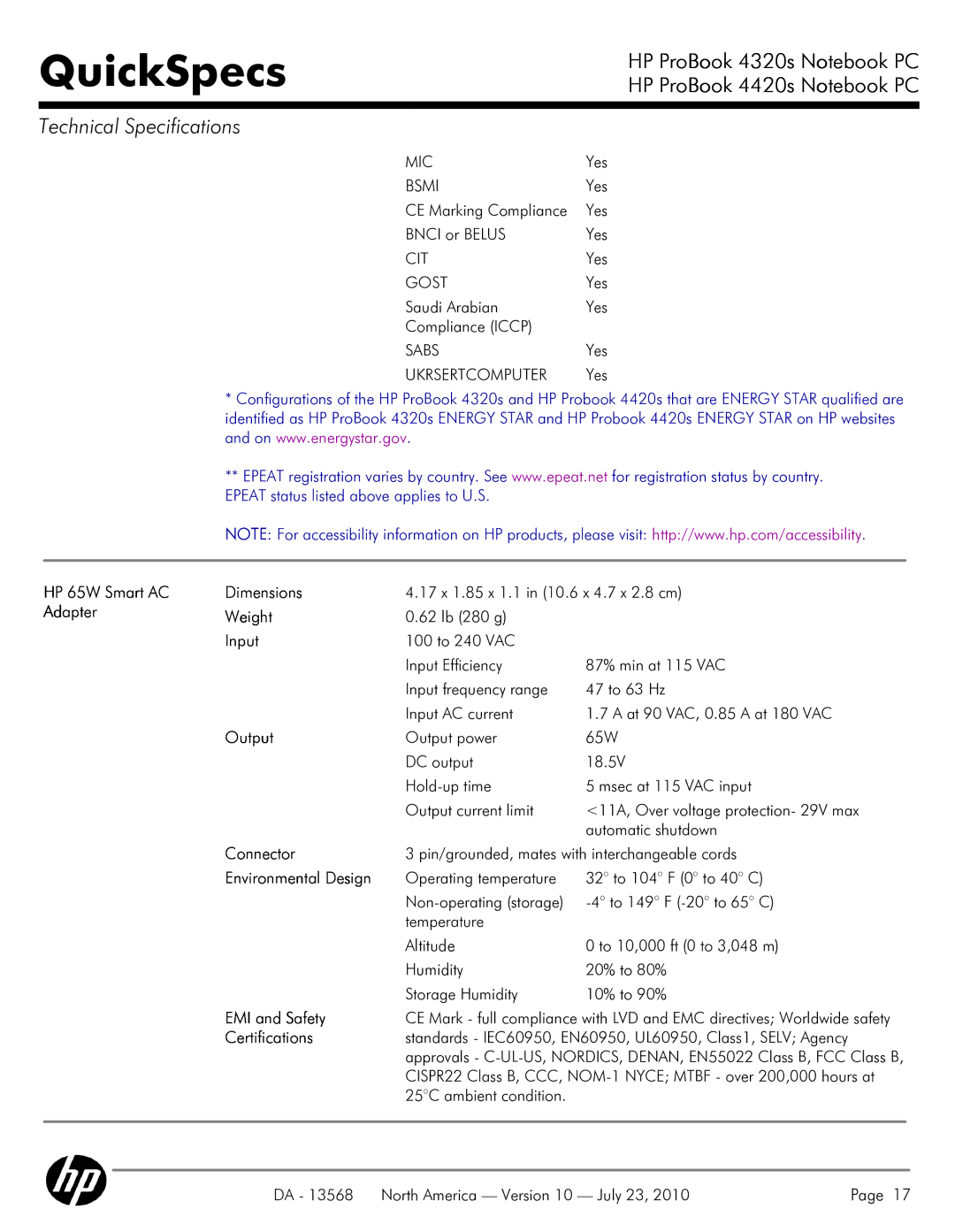 HP 4320s manual HP 65W Smart AC Dimensions, Adapter Weight, Input, Output, Connector, Environmental Design, EMI and Safety 