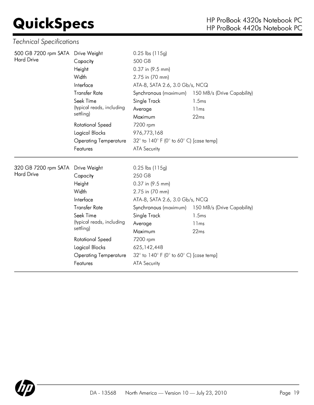 HP 4320s manual 500 GB 7200 rpm Sata Hard Drive Drive Weight, Capacity, Height, Width, Interface, Transfer Rate, Average 