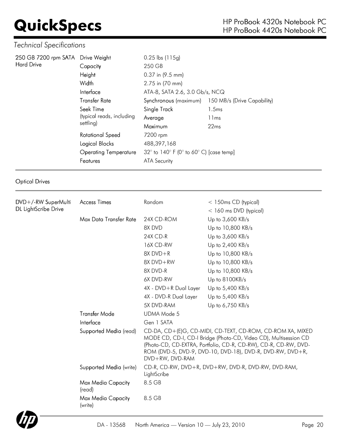 HP 4320s 250 GB 7200 rpm Sata Hard Drive Drive Weight, Optical Drives DVD+/-RW SuperMulti Access Times, Transfer Mode 