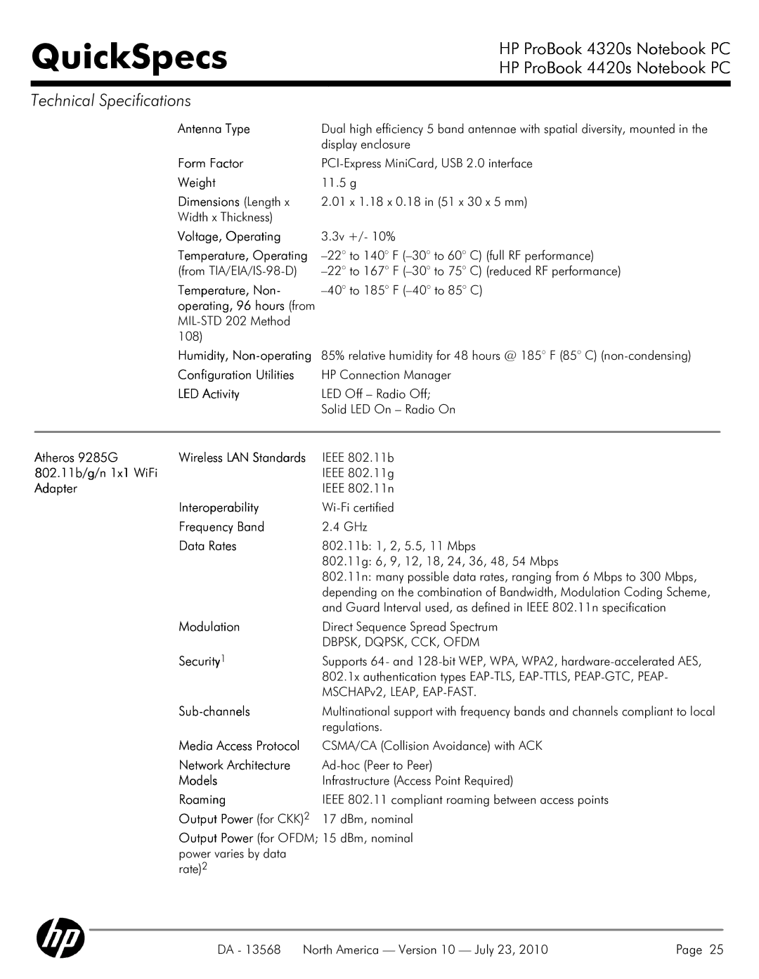 HP 4320s Antenna Type, Dimensions Length, Voltage, Operating, Temperature, Non, Configuration Utilities, LED Activity 