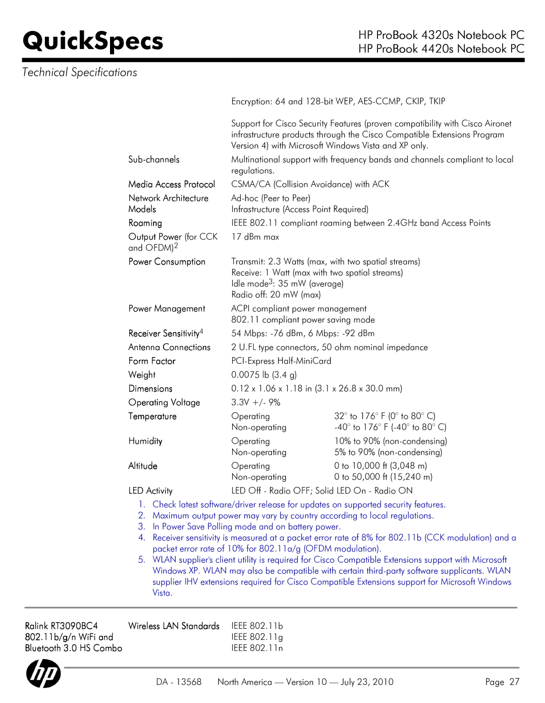 HP 4320s manual Output Power for CCK, Antenna Connections, 802.11b/g/n WiFi Ieee 802.11g, Ieee 802.11n 