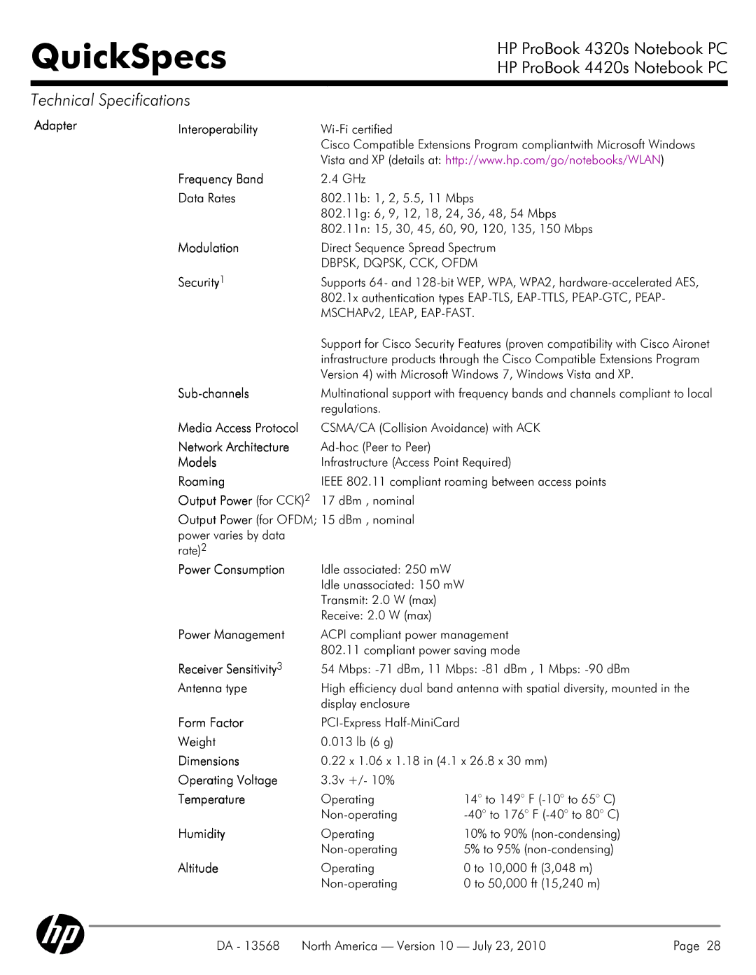 HP 4320s Adapter Interoperability, 802.11n 15, 30, 45, 60, 90, 120, 135, 150 Mbps, 22 x 1.06 x 1.18 in 4.1 x 26.8 x 30 mm 