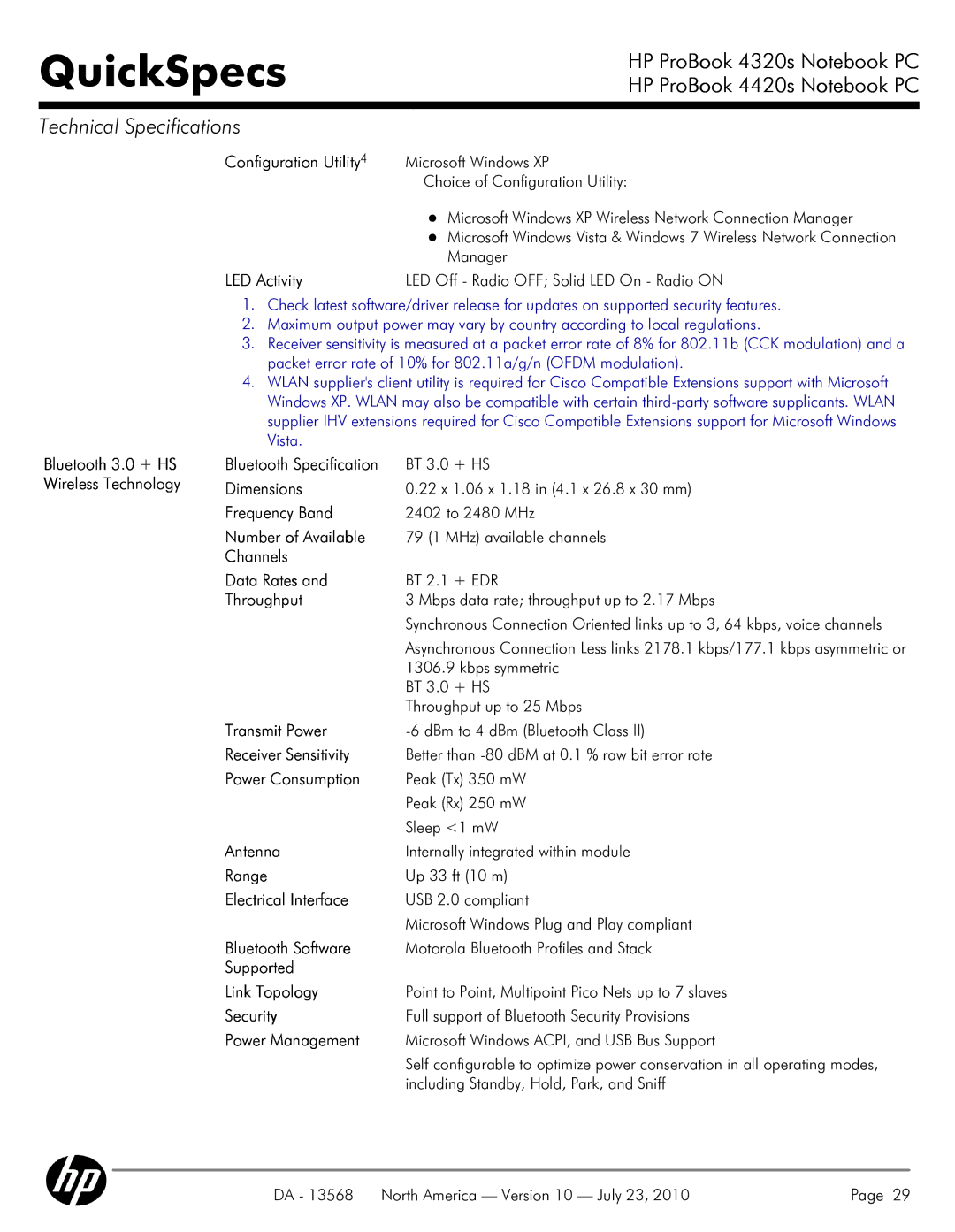 HP 4320s Configuration Utility, Bluetooth Specification, Number of Available, Channels Data Rates, Throughput, Antenna 