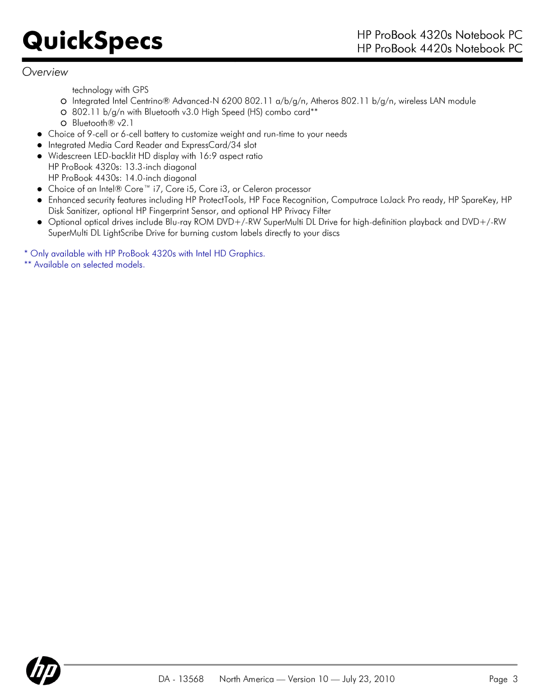 HP 4320s manual QuickSpecs 