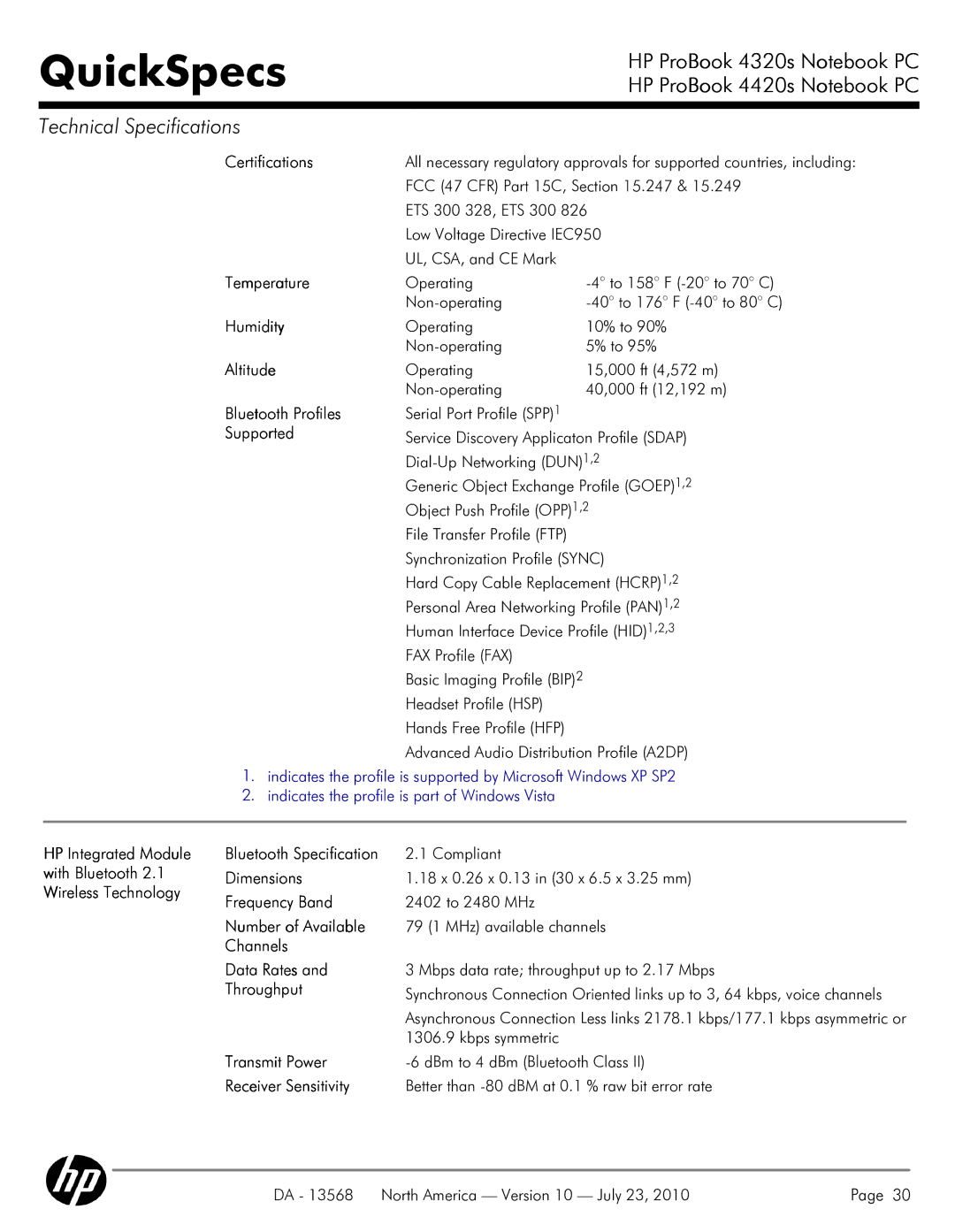 HP 4320s manual Bluetooth Profiles, Supported, Kbps symmetric 