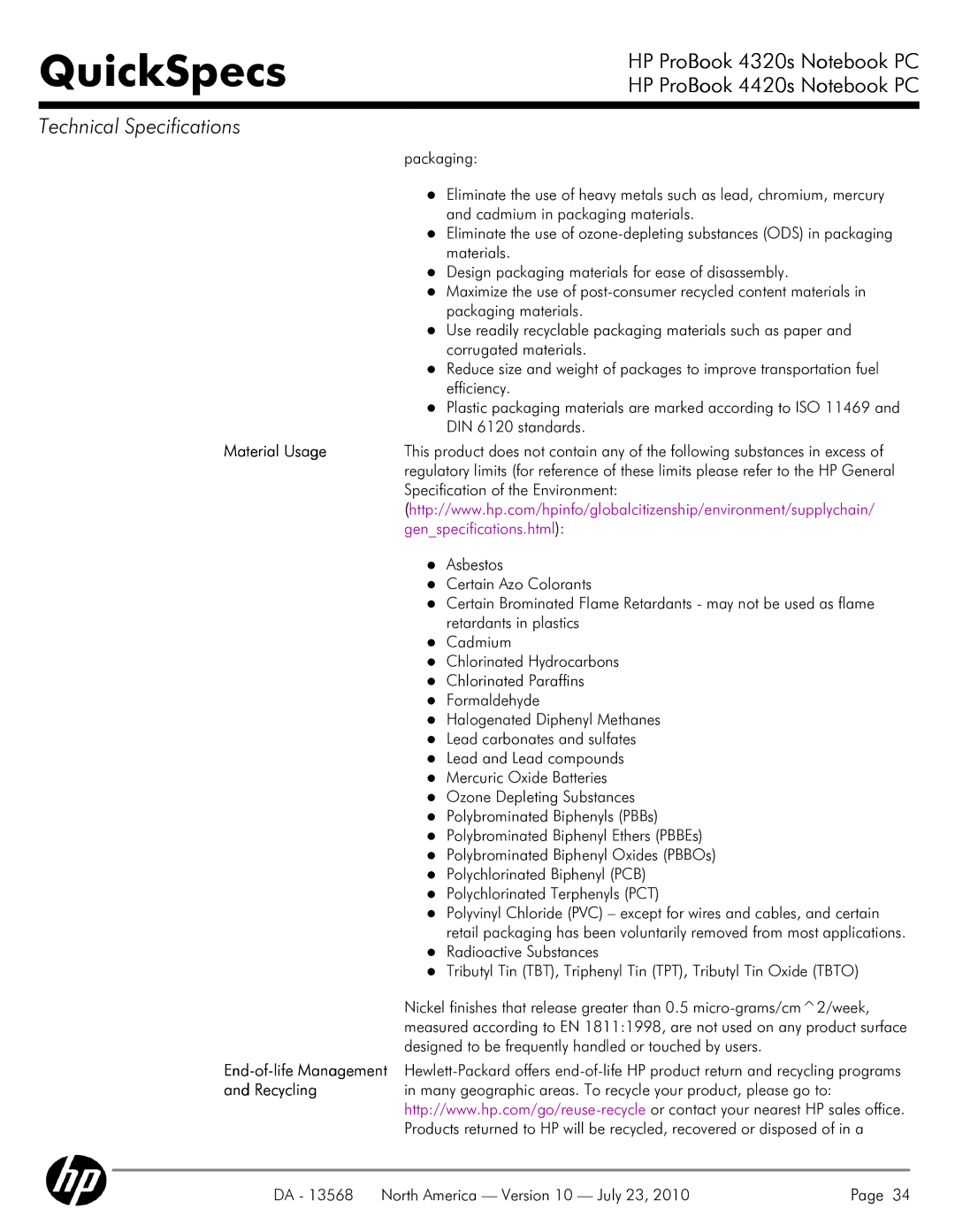 HP 4320s manual Material Usage, Recycling 