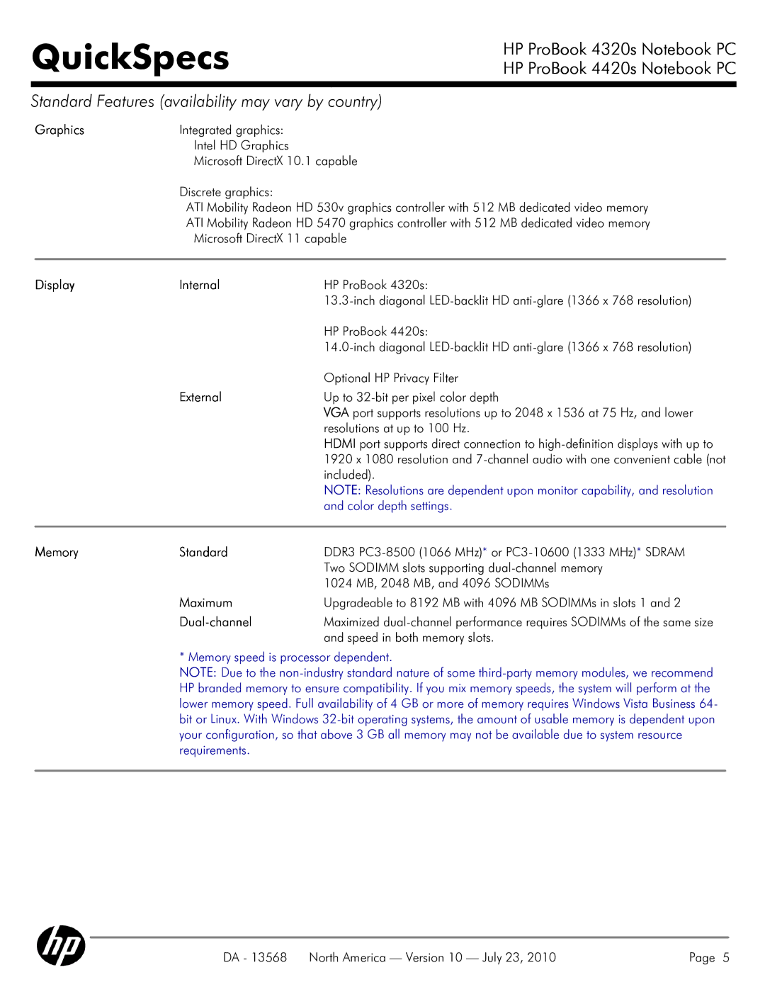 HP 4320s manual Graphics, Display Internal, External, Memory Standard, Maximum, Dual-channel 