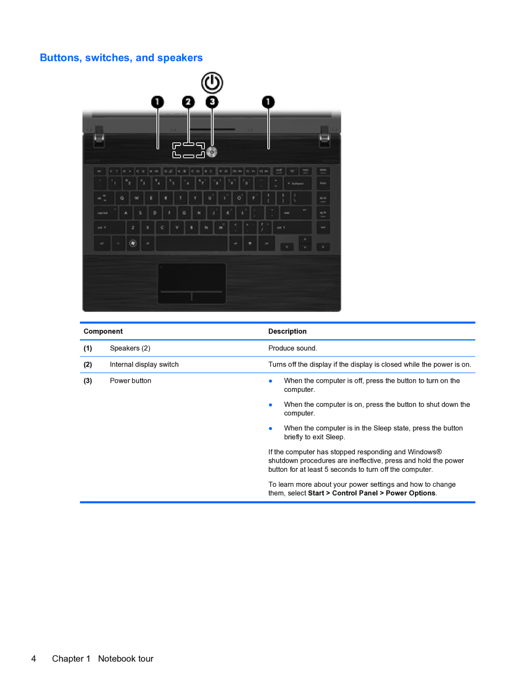 HP 4320t Mobile manual Buttons, switches, and speakers 