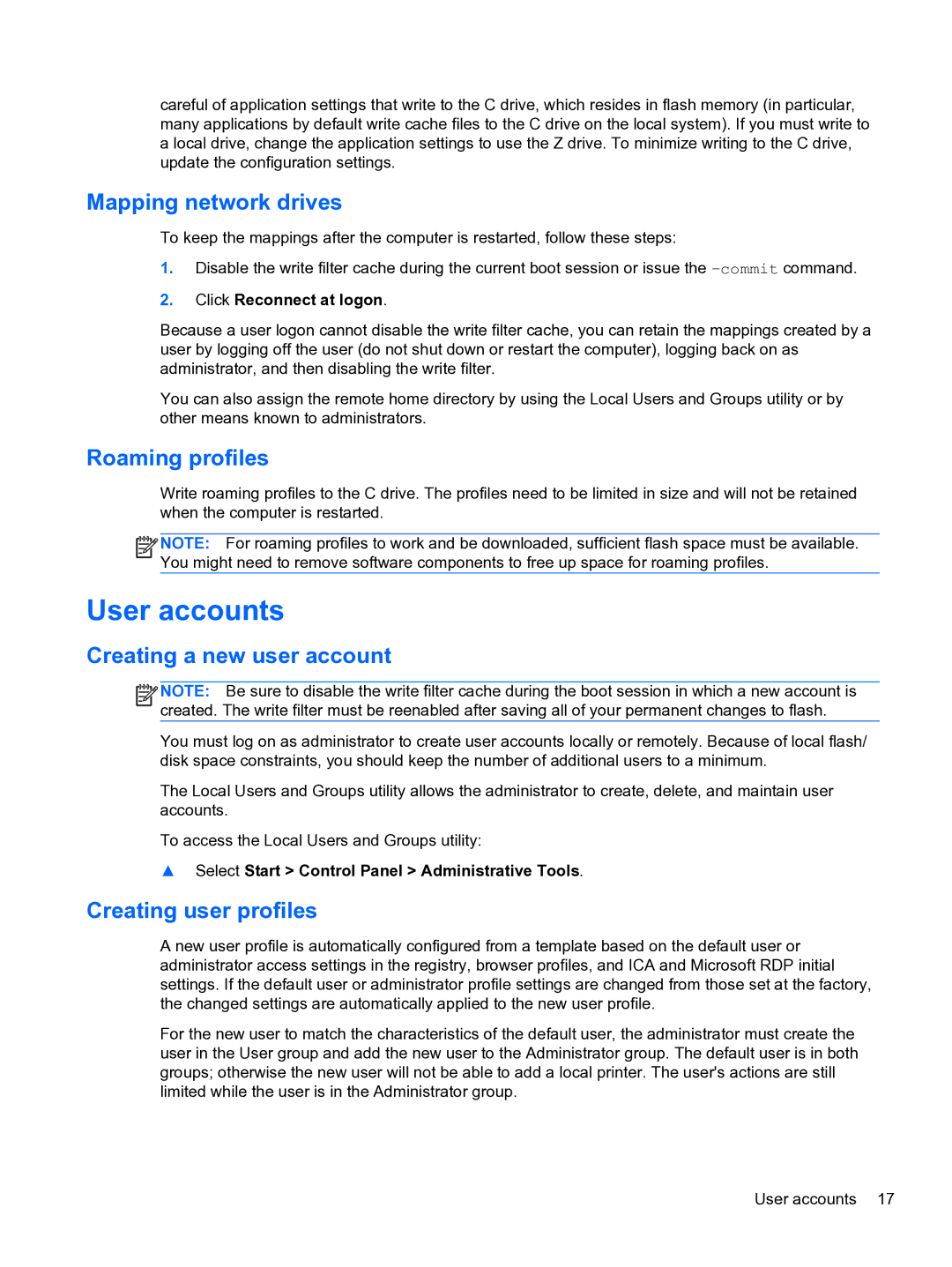 HP 4320t Mobile manual User accounts, Mapping network drives, Roaming profiles, Creating a new user account 