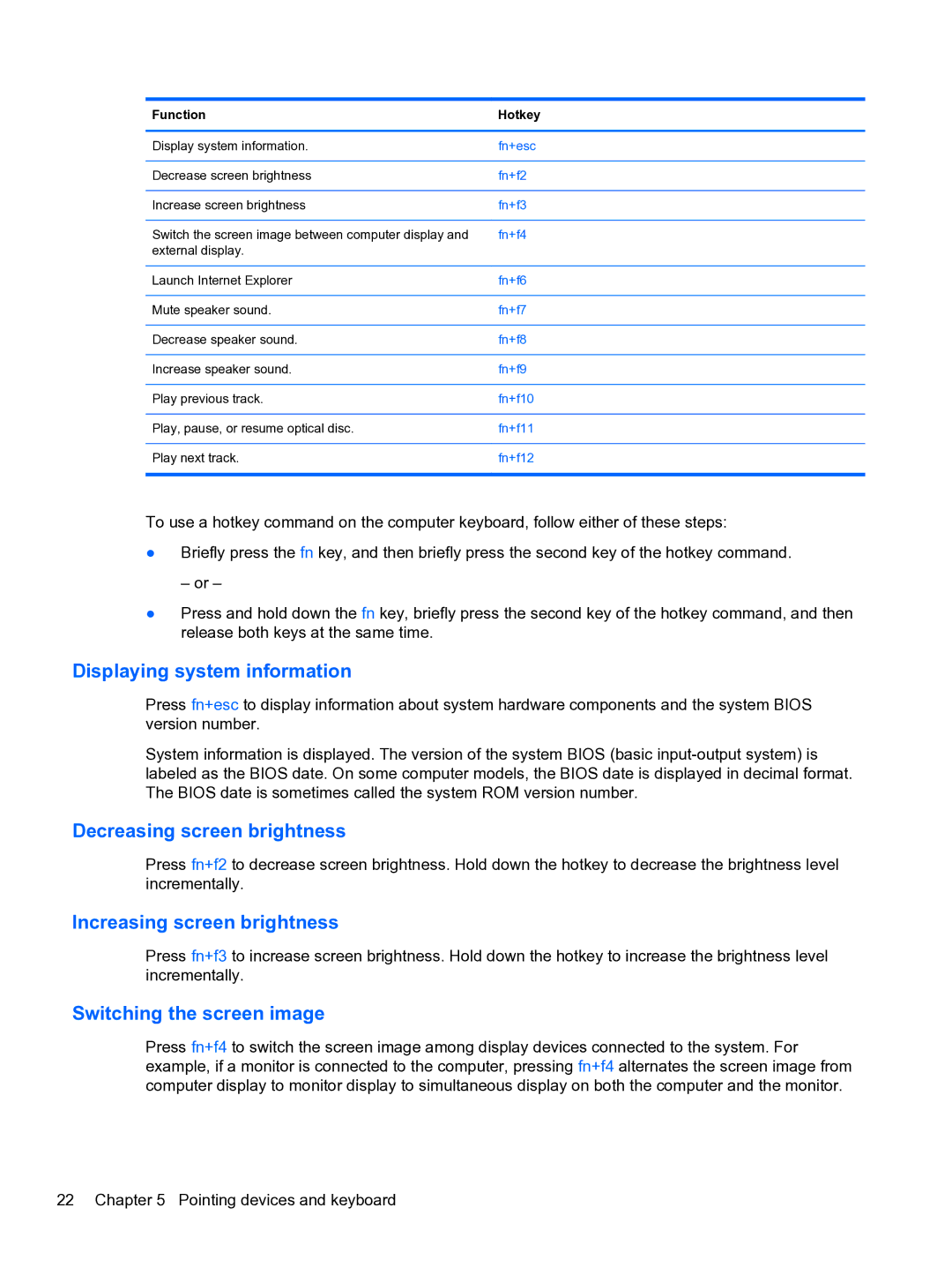 HP 4320t Mobile manual Displaying system information, Decreasing screen brightness, Increasing screen brightness 