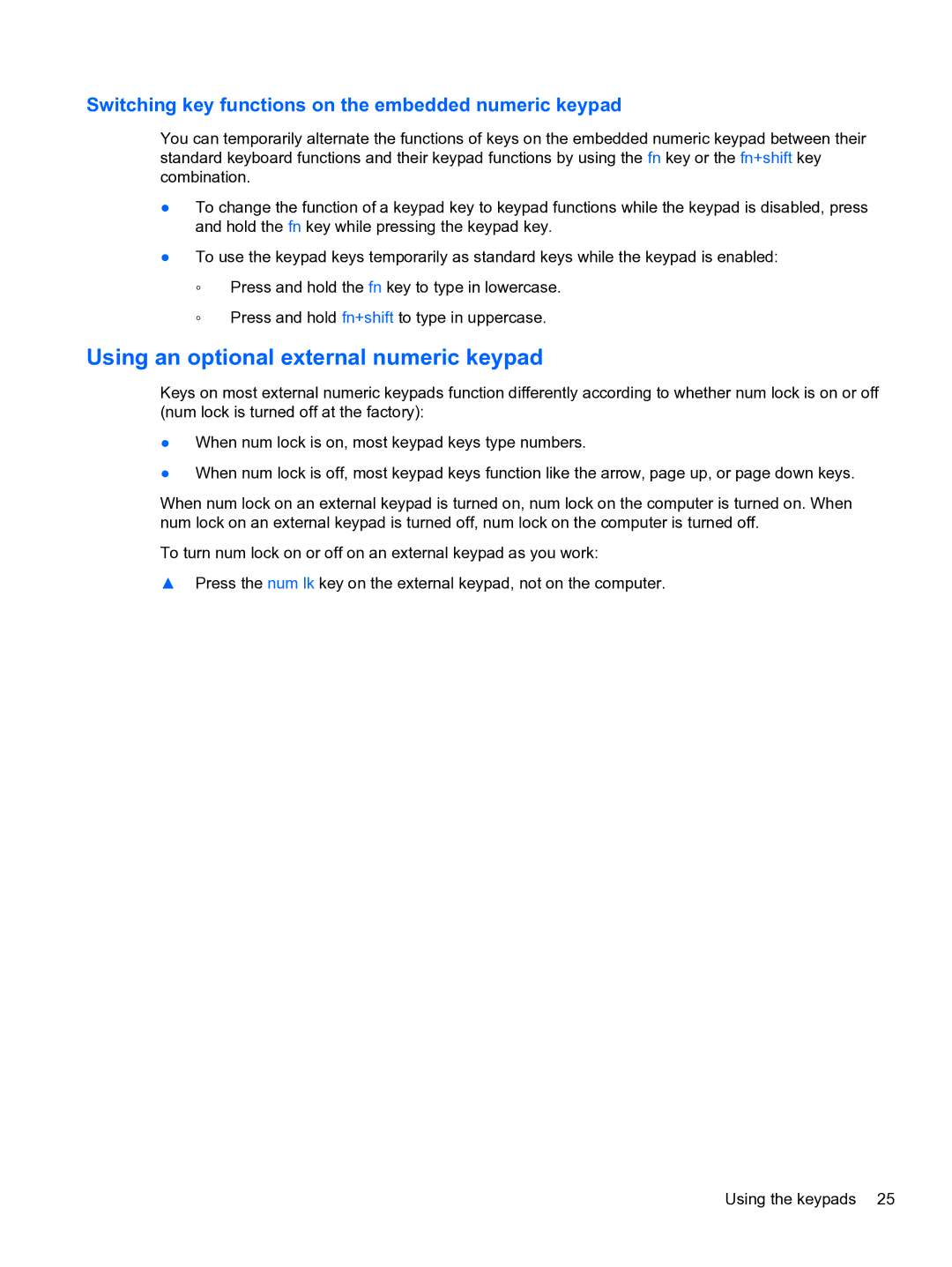 HP 4320t Mobile manual Using an optional external numeric keypad, Switching key functions on the embedded numeric keypad 