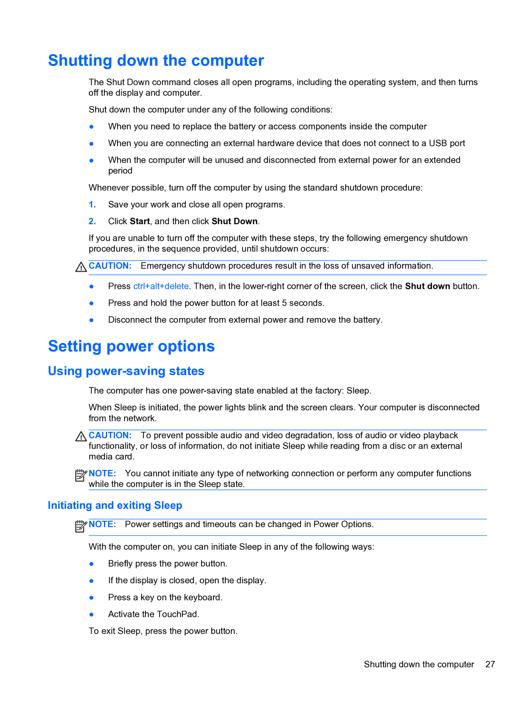 HP 4320t Mobile Shutting down the computer, Setting power options, Using power-saving states, Initiating and exiting Sleep 