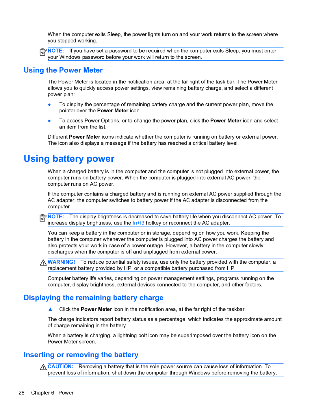 HP 4320t Mobile manual Using battery power, Using the Power Meter, Displaying the remaining battery charge 