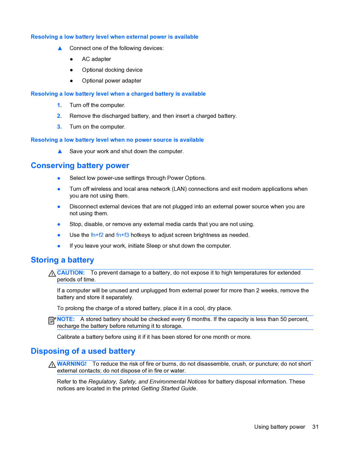 HP 4320t Mobile manual Conserving battery power, Storing a battery, Disposing of a used battery 