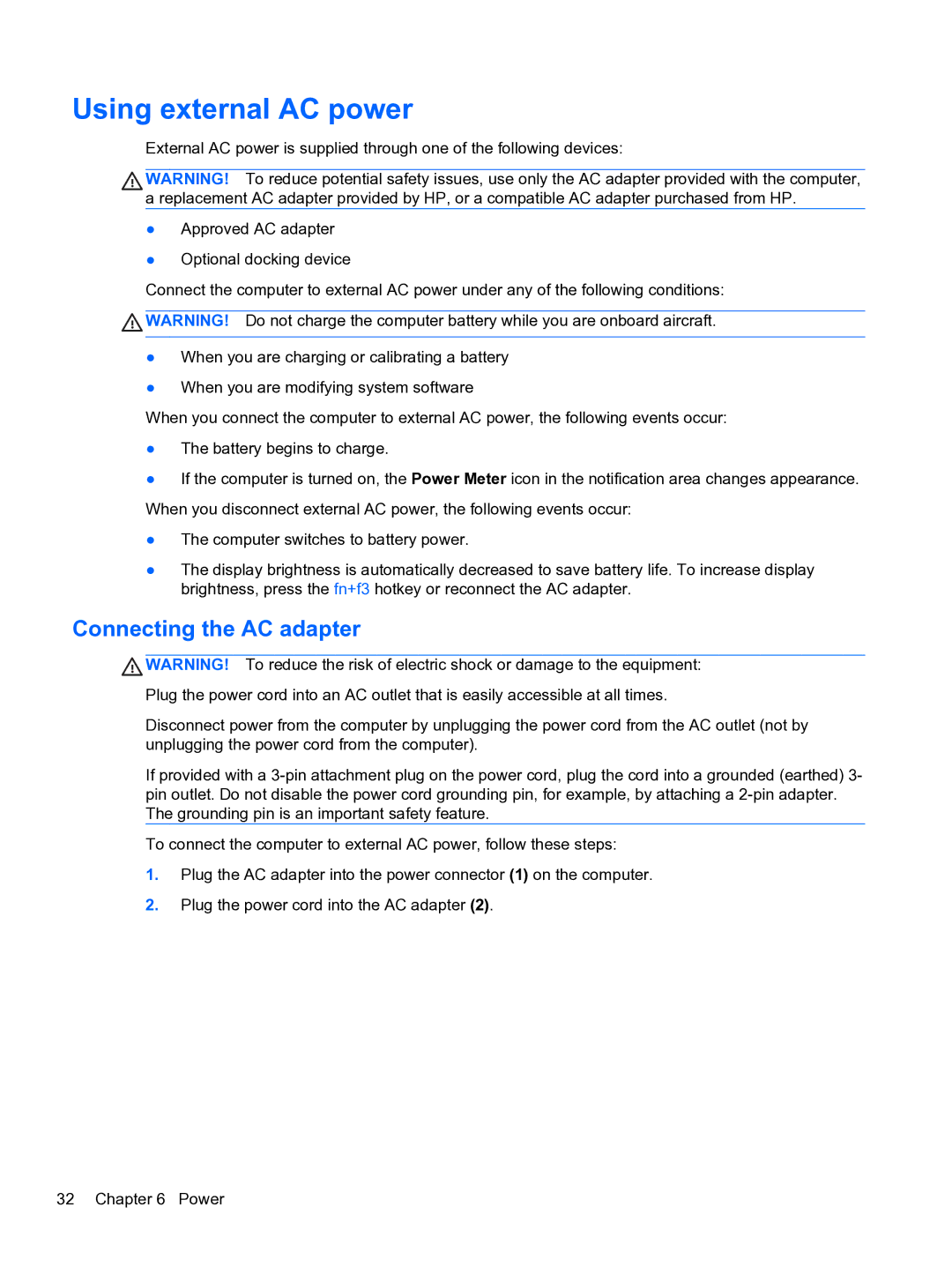 HP 4320t Mobile manual Using external AC power, Connecting the AC adapter 