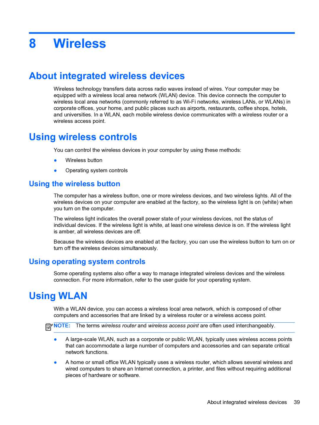 HP 4320t Mobile manual Wireless, About integrated wireless devices, Using wireless controls, Using Wlan 