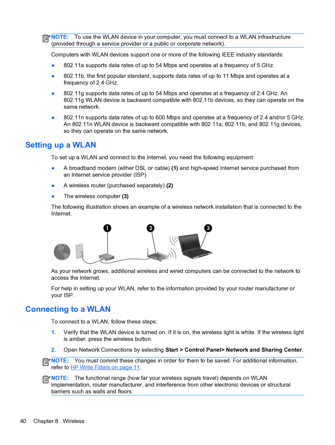 HP 4320t Mobile manual Setting up a Wlan, Connecting to a Wlan 