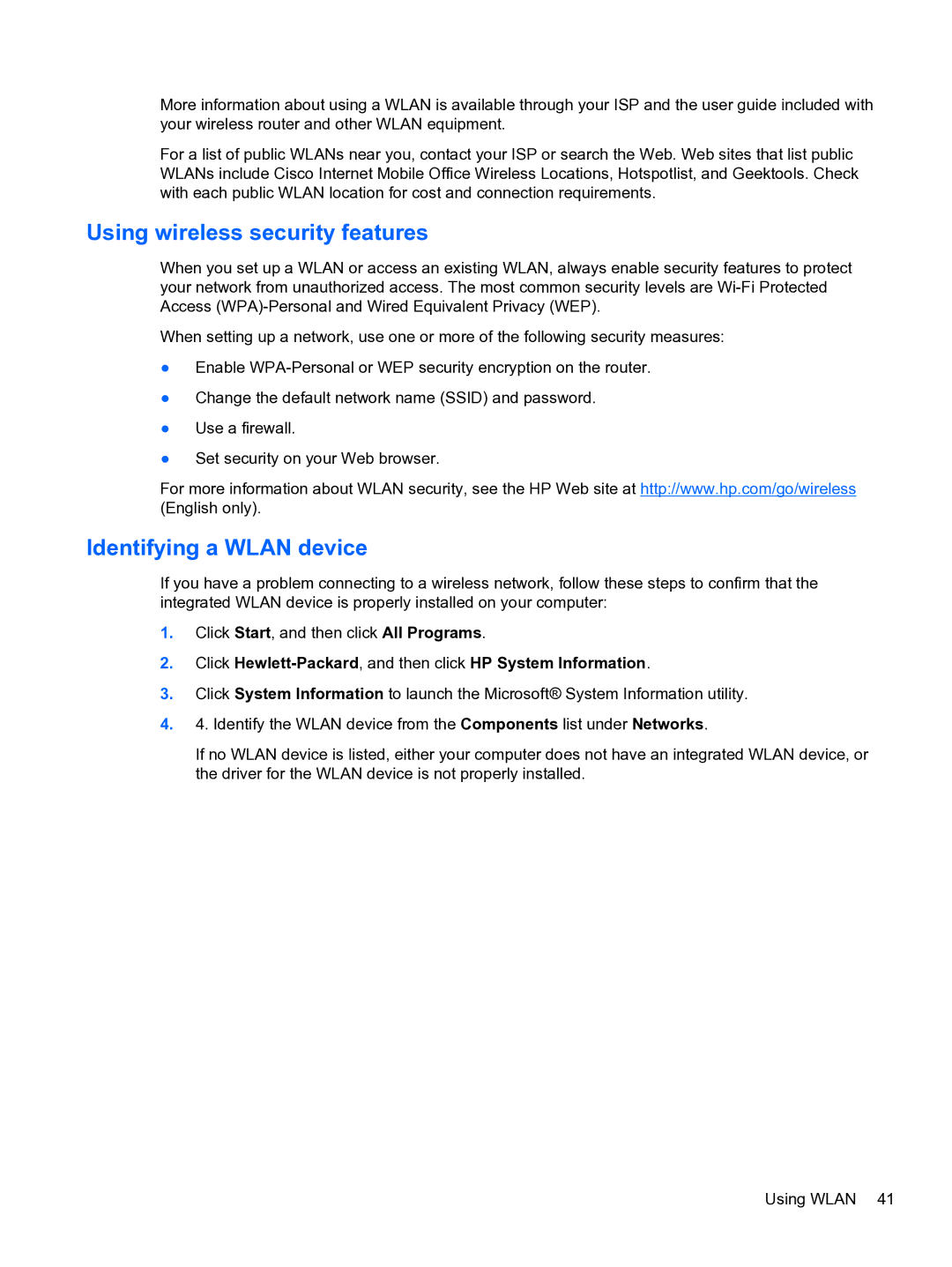 HP 4320t Mobile manual Using wireless security features, Identifying a Wlan device 