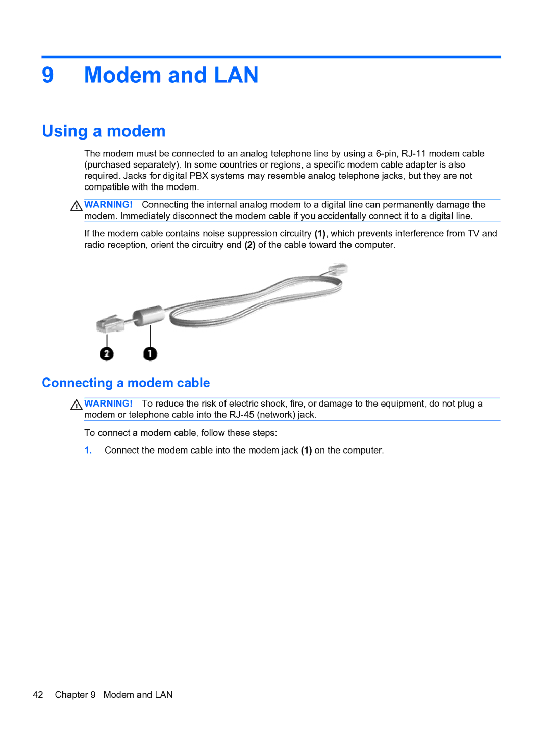 HP 4320t Mobile manual Modem and LAN, Using a modem, Connecting a modem cable 